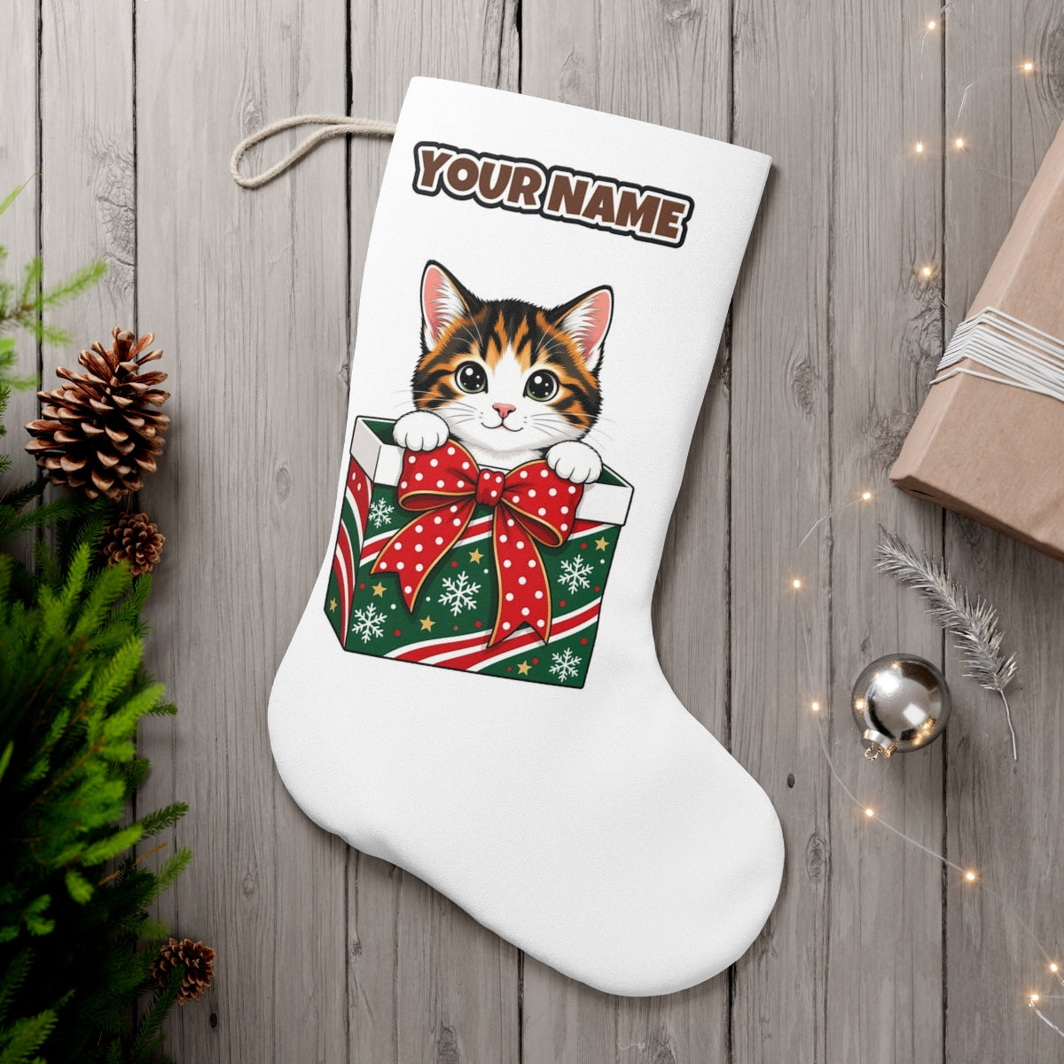 Kitten in a Gift Box personalised Christmas stocking, white, with the name across the top