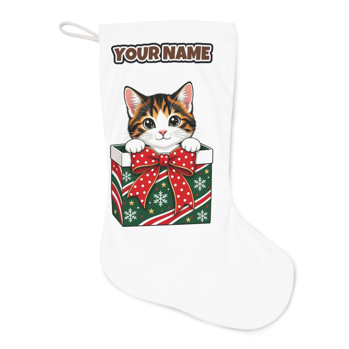 Kitten in a Gift Box Christmas stocking laid flat, showing the full print