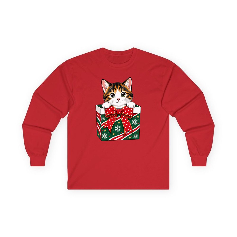 Kitten in a Gift Box personalised long sleeve Christmas T-shirt in red