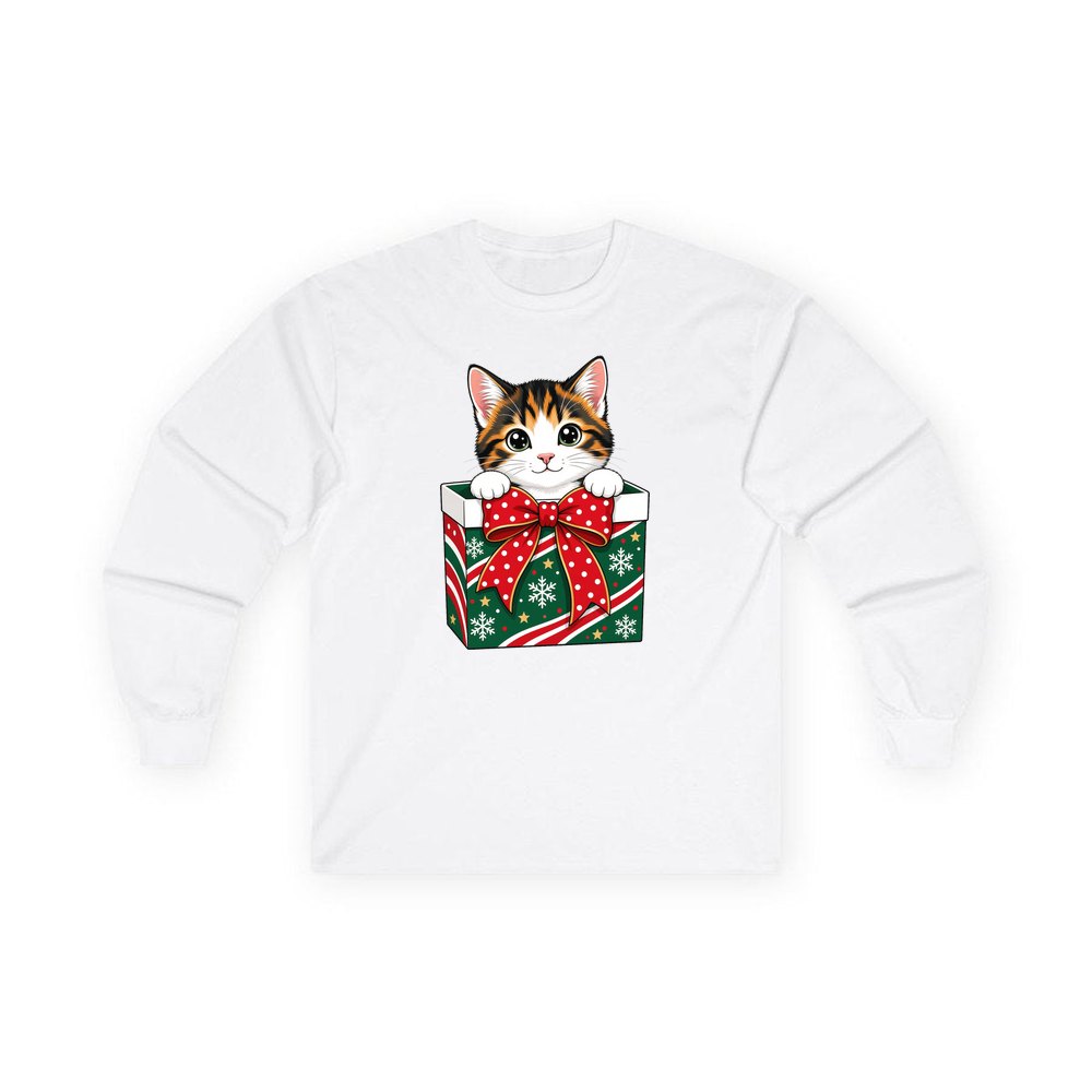 Kitten in a Gift Box personalised long sleeve Christmas T-shirt in white