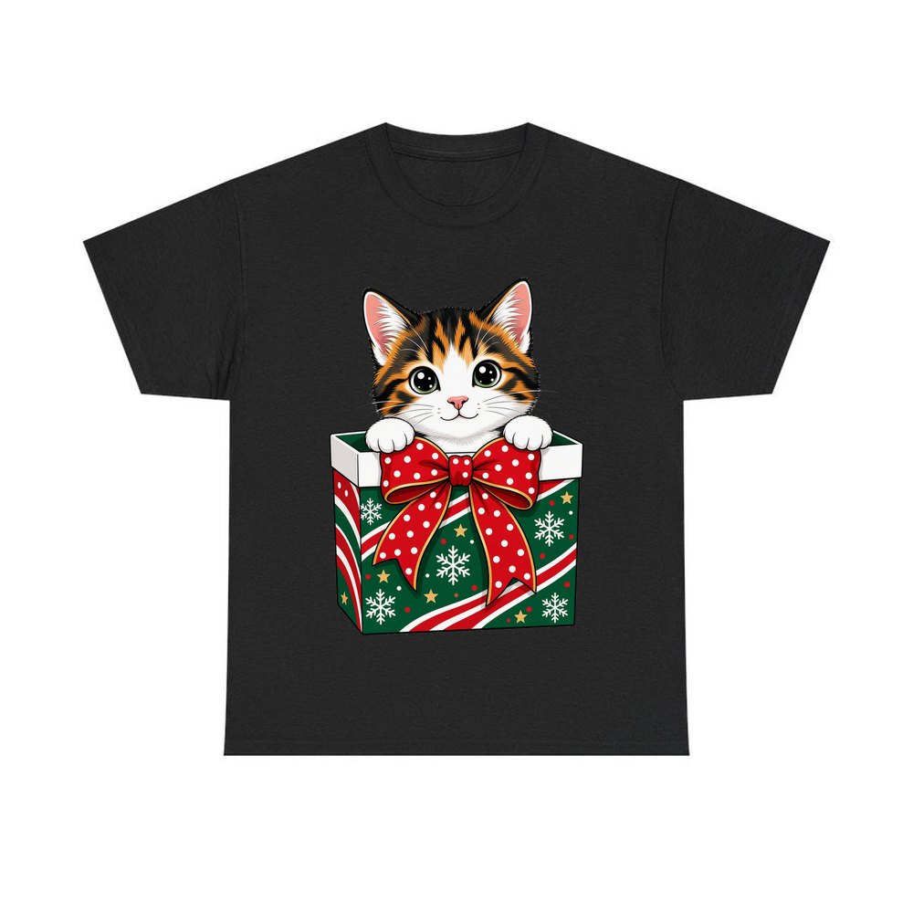 Kitten in a Gift Box personalised Christmas T-shirt in black