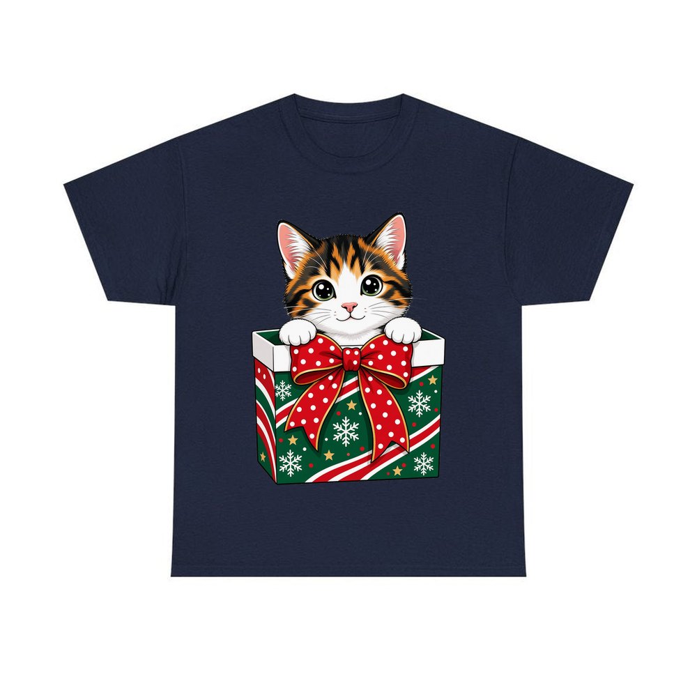 Kitten in a Gift Box personalised Christmas T-shirt in navy