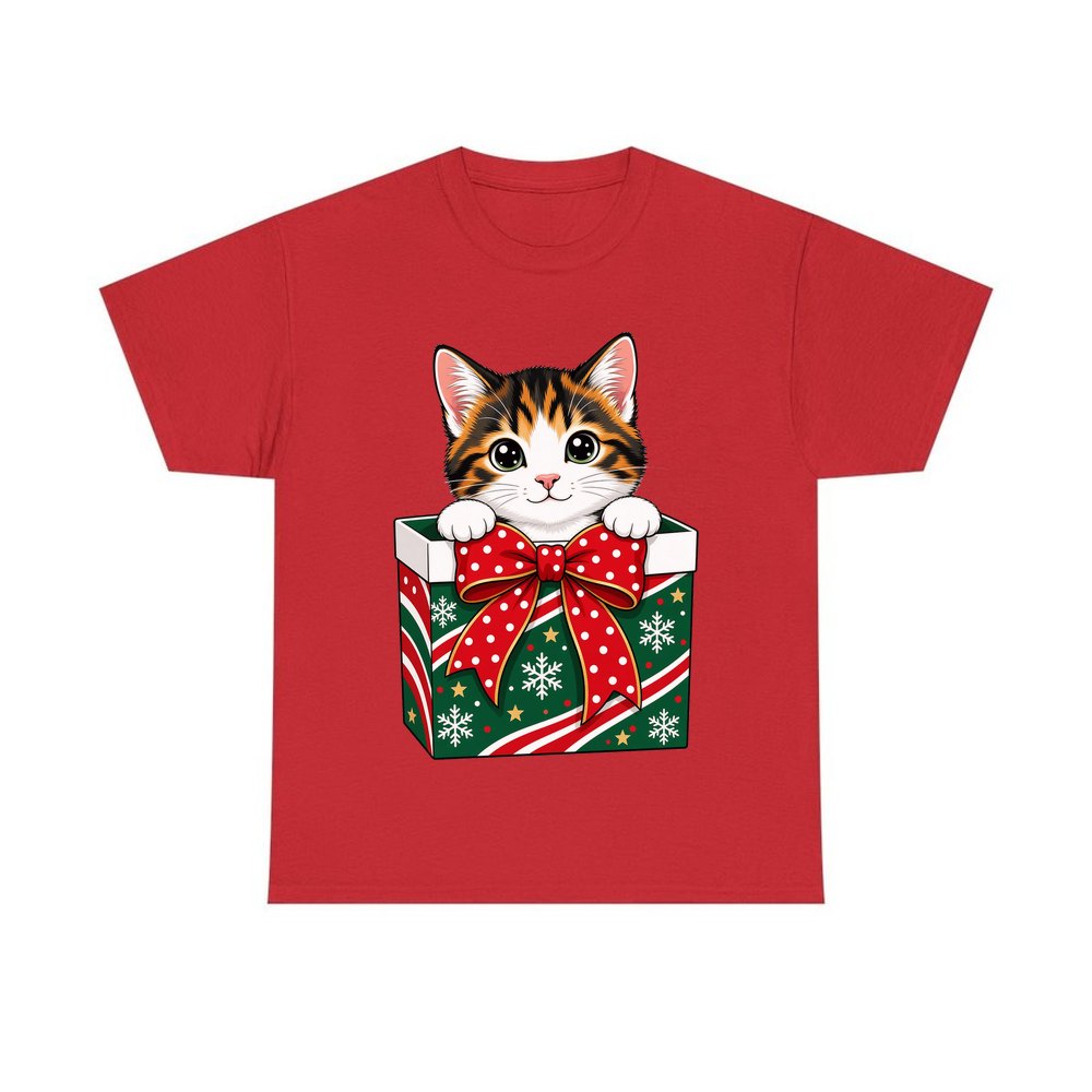 Kitten in a Gift Box personalised Christmas T-shirt in red