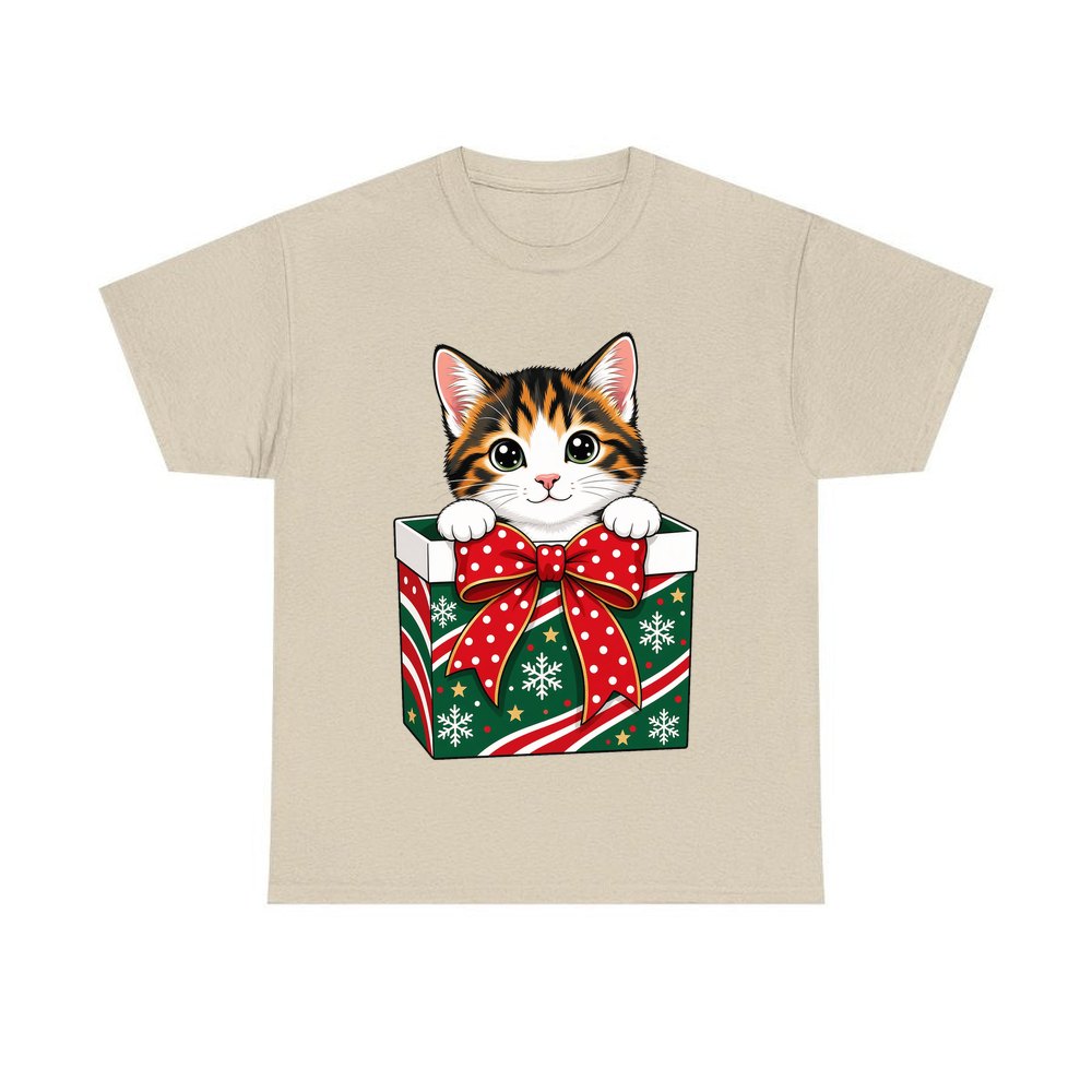 Kitten in a Gift Box personalised Christmas T-shirt in sand