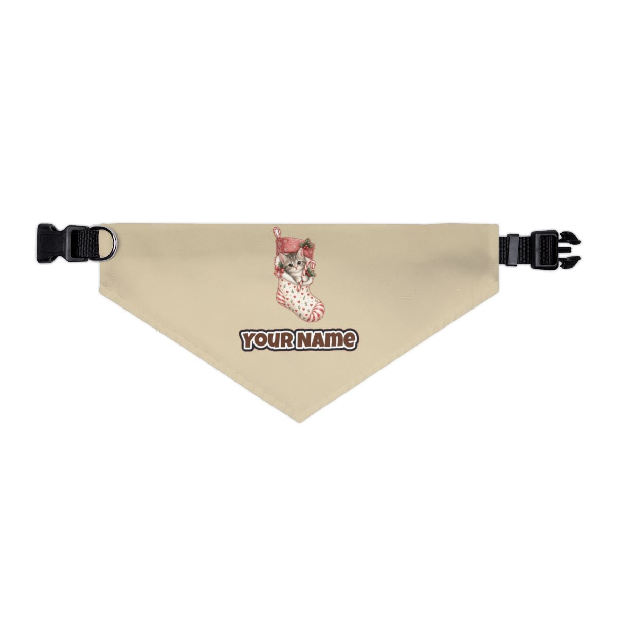 Kitten in Christmas Stocking personalised Christmas pet bandana in beige, collar with buckle