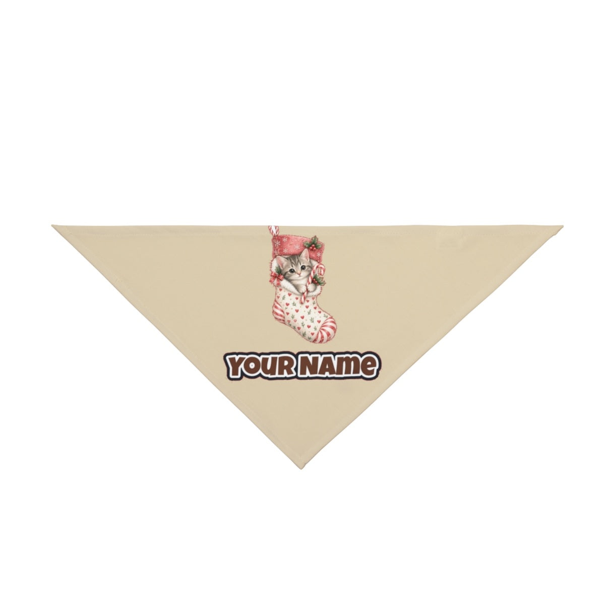 Kitten in Christmas Stocking personalised Christmas pet bandana in beige, tie-on style