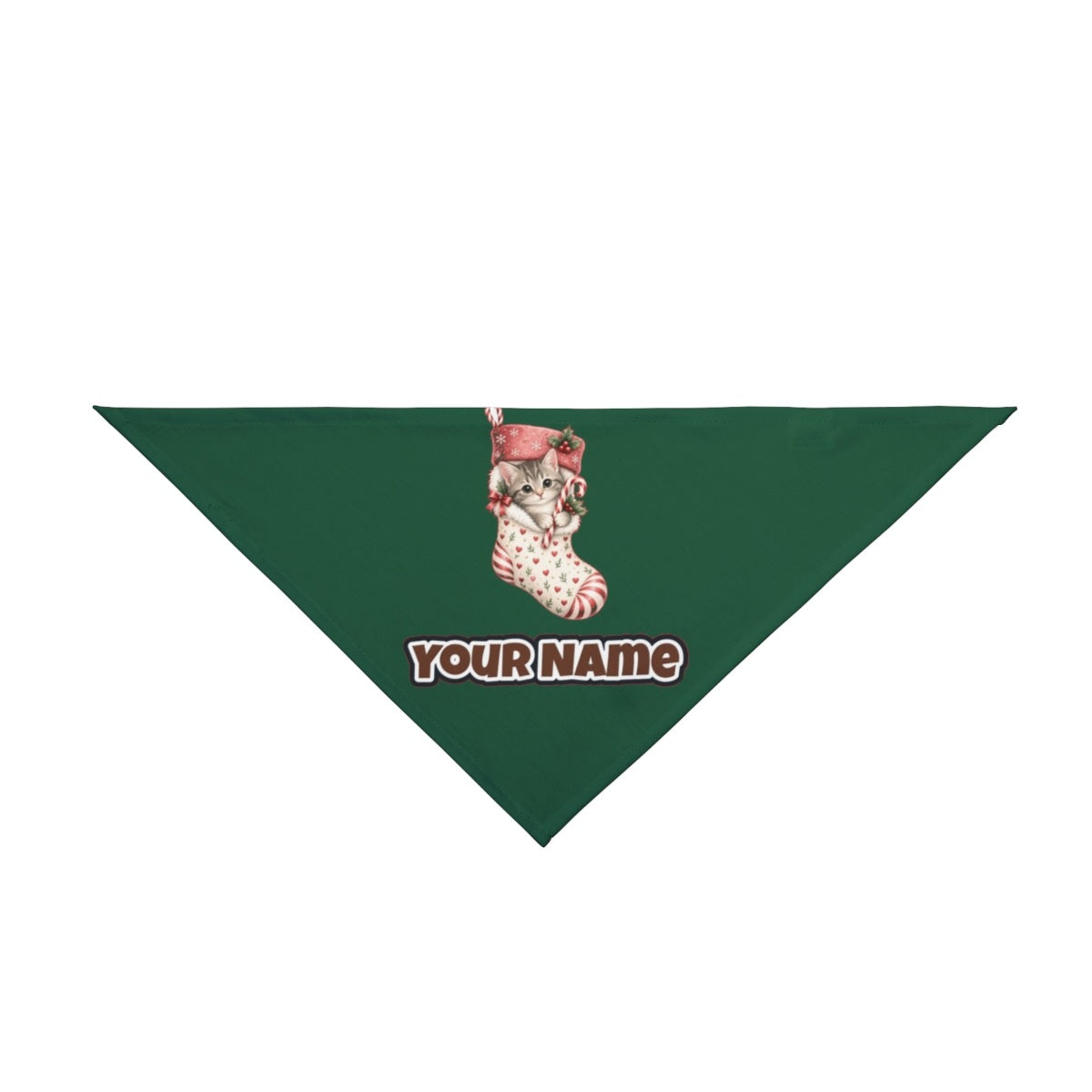 Kitten in Christmas Stocking personalised Christmas pet bandana in green, tie-on style