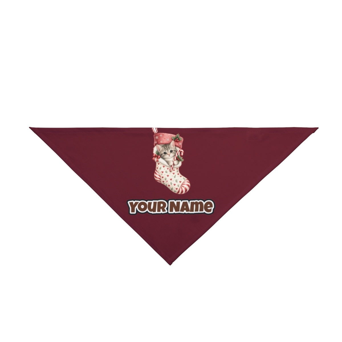Kitten in Christmas Stocking personalised Christmas pet bandana in maroon, tie-on style