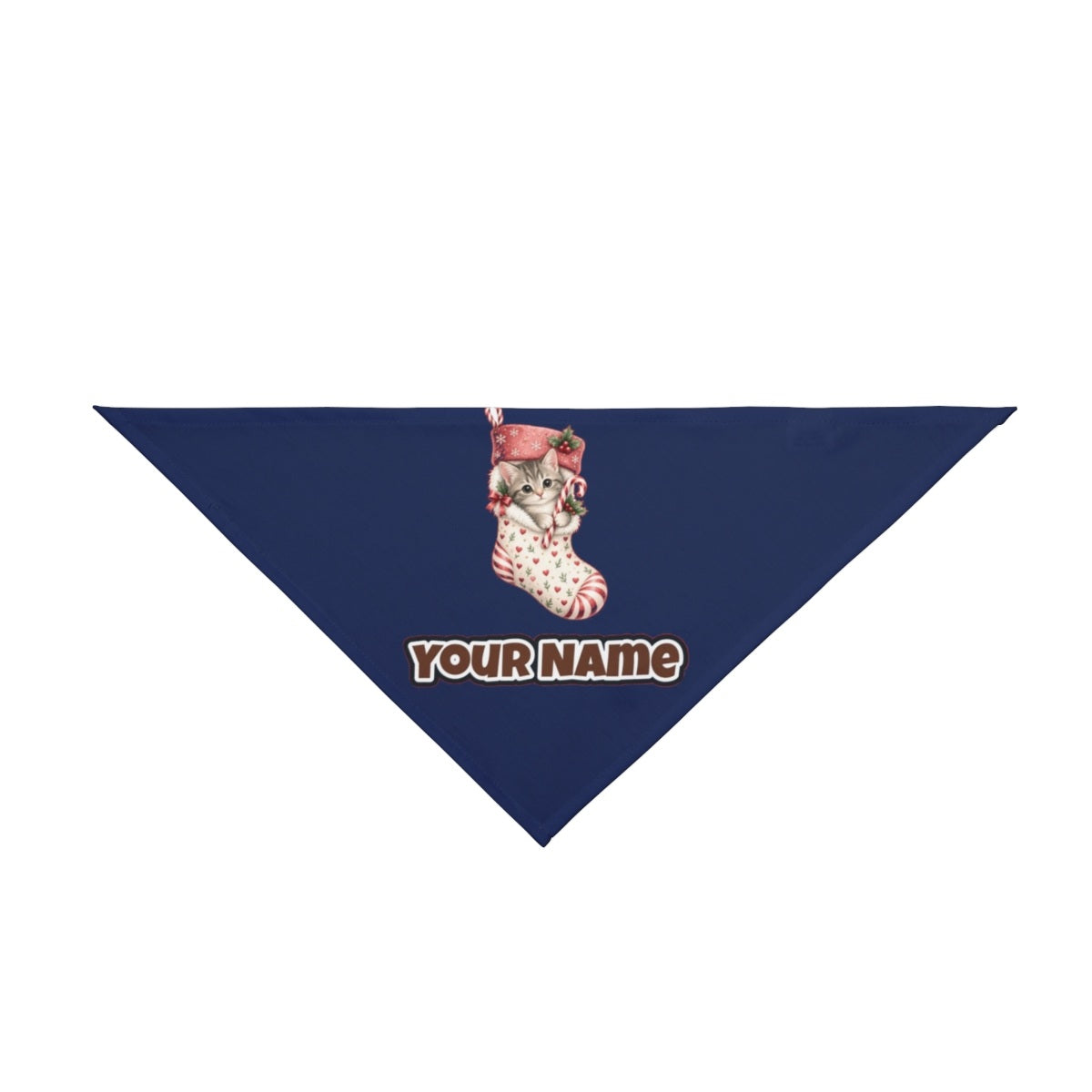 Kitten in Christmas Stocking personalised Christmas pet bandana in navy, tie-on style