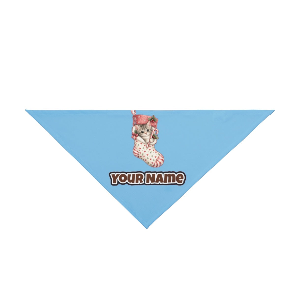 Kitten in Christmas Stocking personalised Christmas pet bandana in sky blue, tie-on style