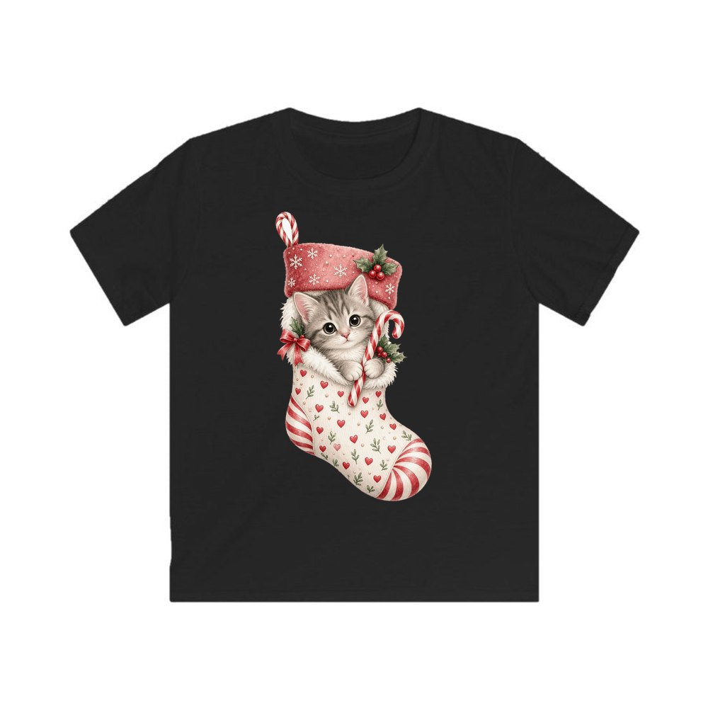Kitten in Christmas Stocking personalised kids Christmas tee in black