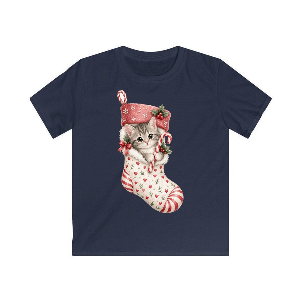 Kitten in Christmas Stocking personalised kids Christmas tee in navy