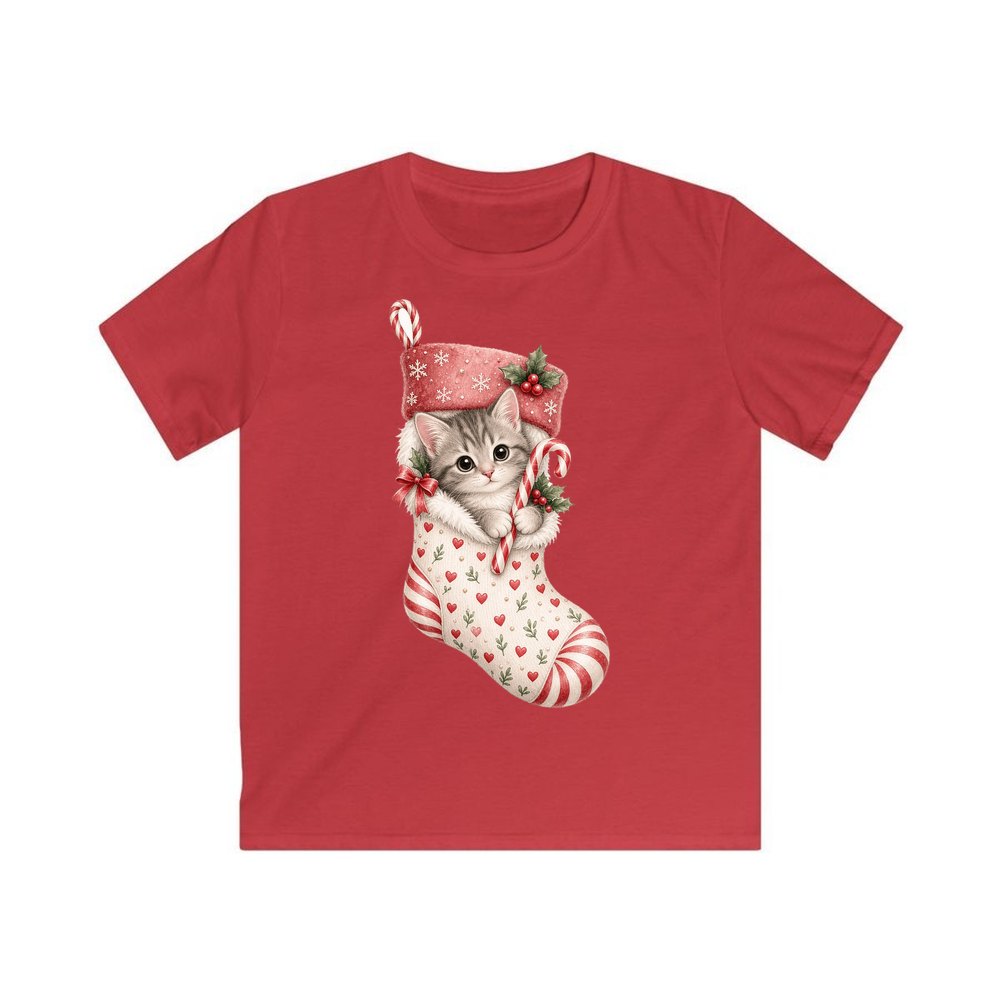 Kitten in Christmas Stocking personalised kids Christmas tee in red