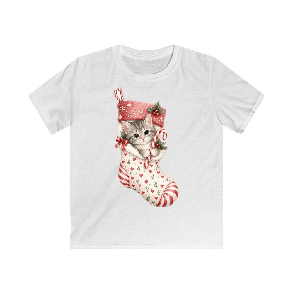 Kitten in Christmas Stocking personalised kids Christmas tee in white