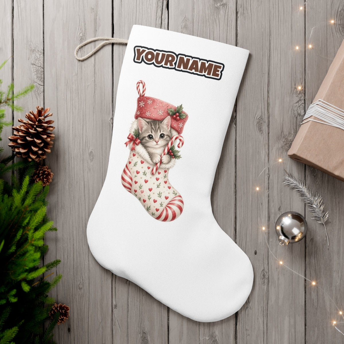 Kitten in Christmas Stocking personalised Christmas stocking, white, with the name across the top