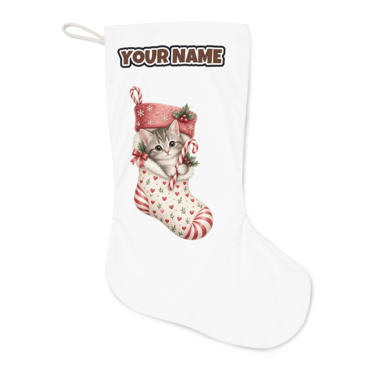 Kitten in Christmas Stocking Christmas stocking laid flat, showing the full print