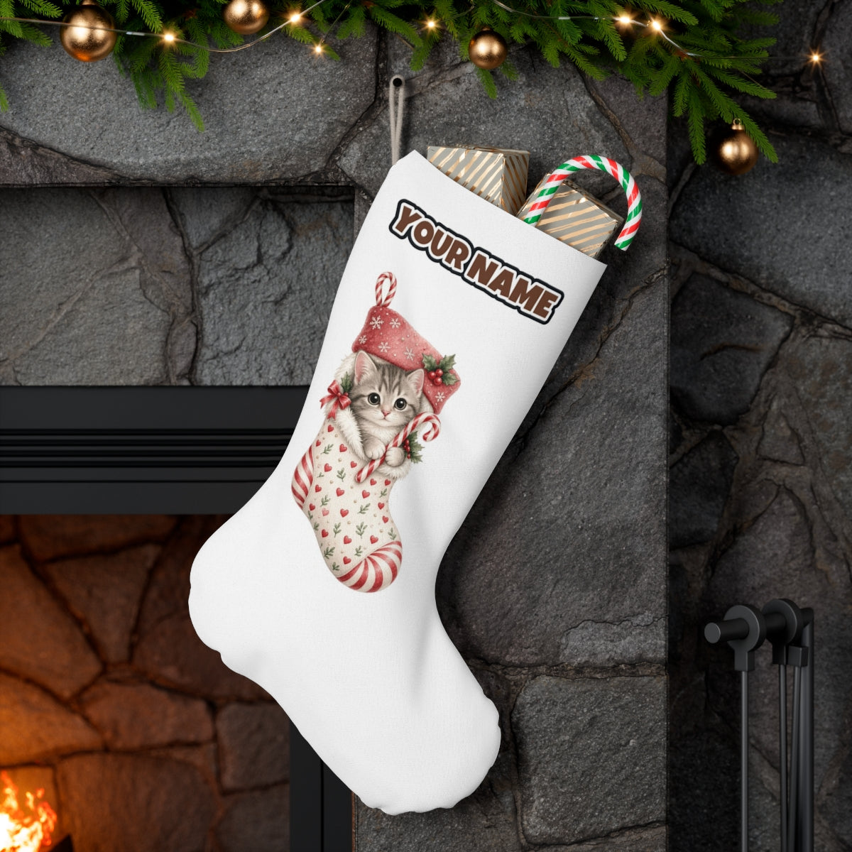 Kitten in Christmas Stocking personalised Christmas stocking hanging on a mantel