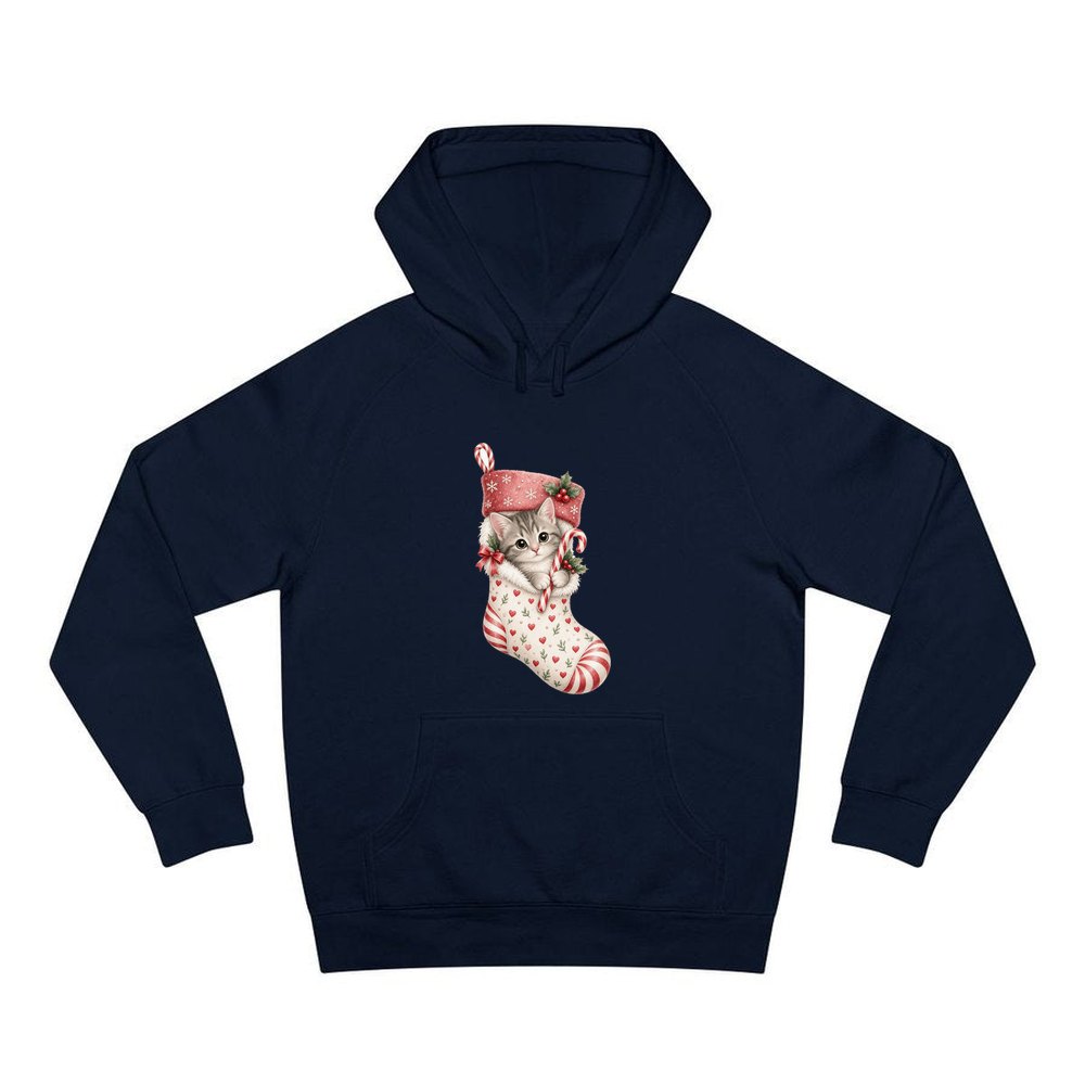 Kitten in Christmas Stocking personalised Christmas hoodie in navy