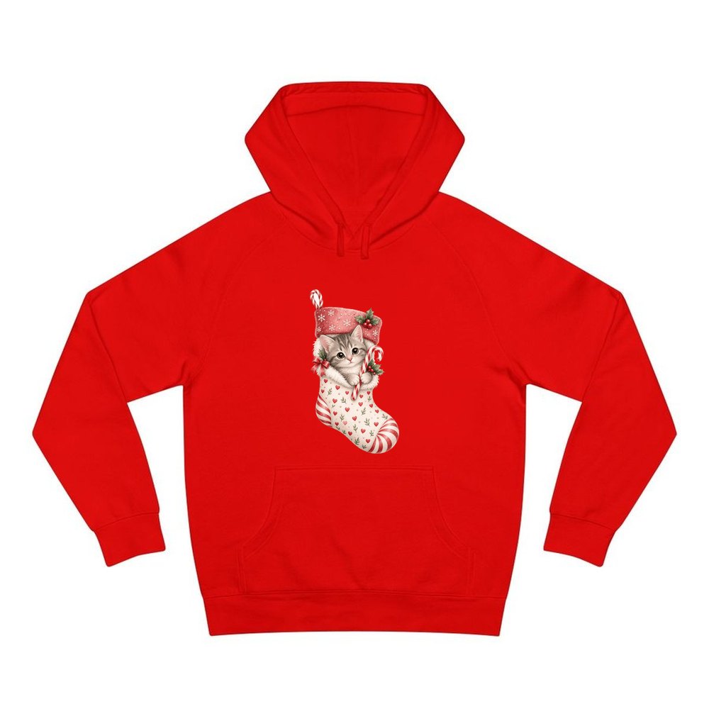 Kitten in Christmas Stocking personalised Christmas hoodie in red