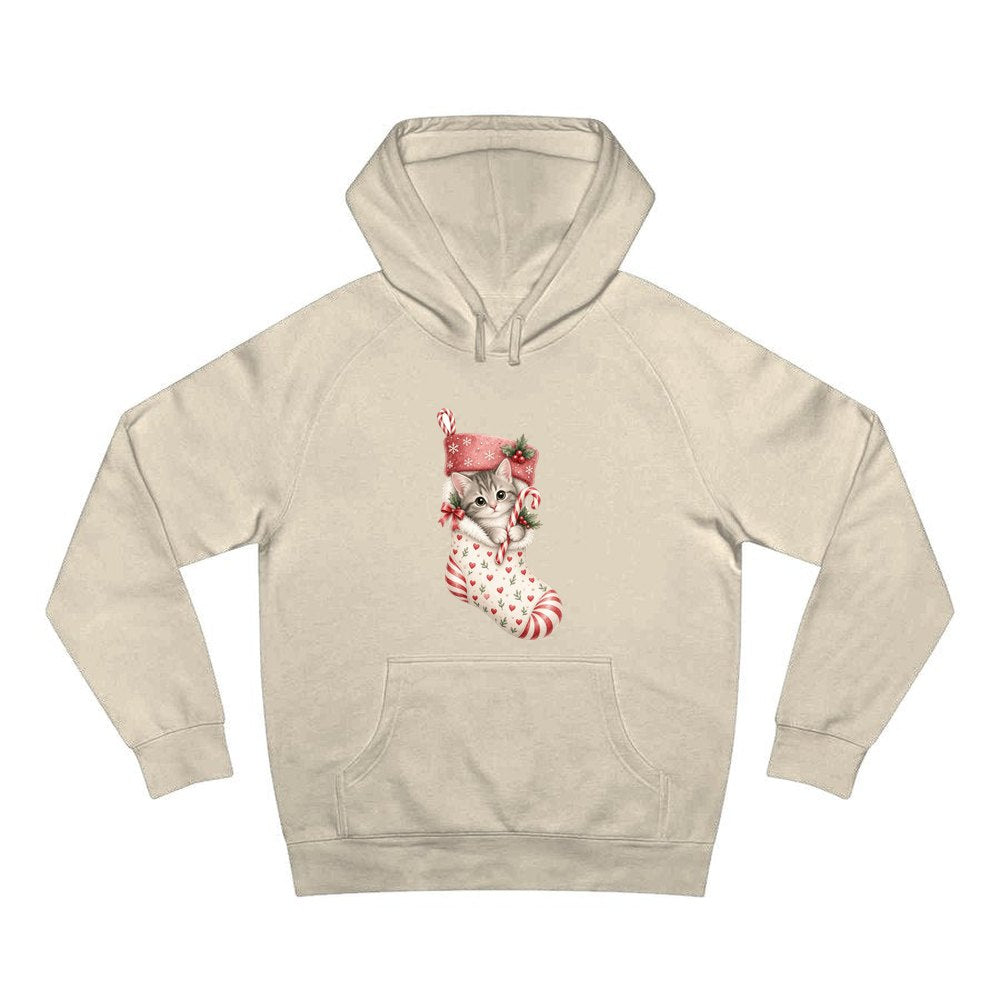 Kitten in Christmas Stocking personalised Christmas hoodie in sand
