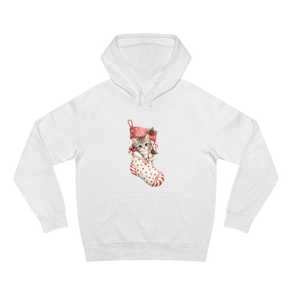 Kitten in Christmas Stocking personalised Christmas hoodie in white