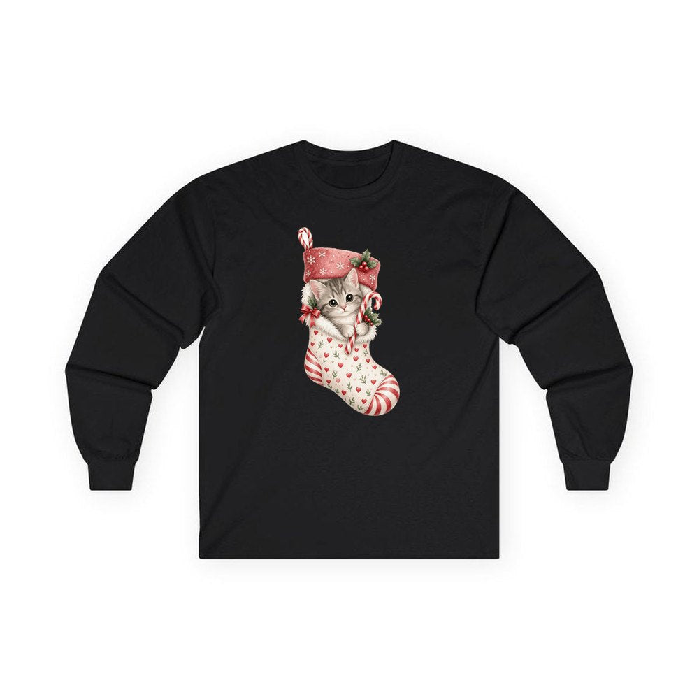 Kitten in Christmas Stocking personalised long sleeve Christmas T-shirt in black
