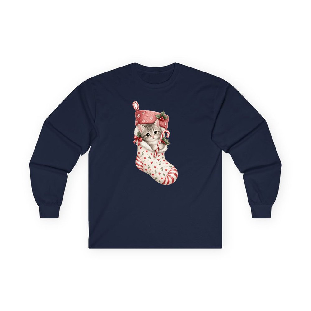 Kitten in Christmas Stocking personalised long sleeve Christmas T-shirt in navy