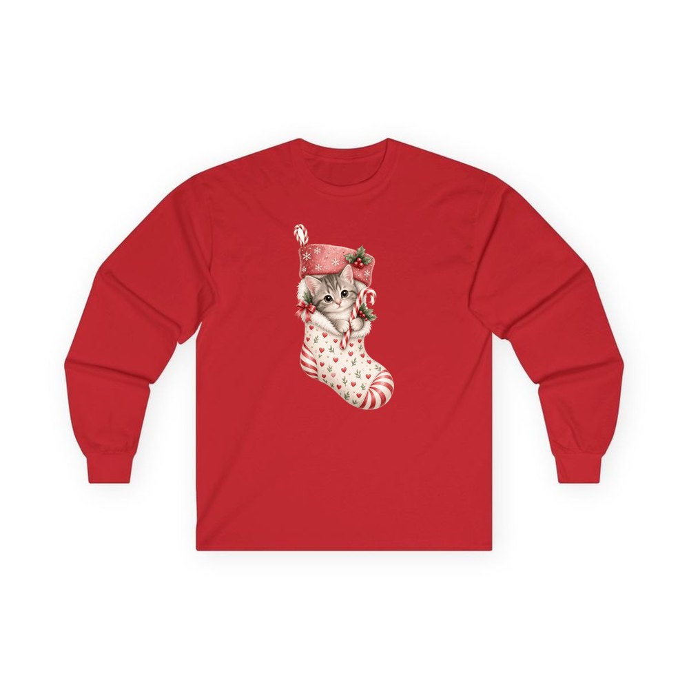 Kitten in Christmas Stocking personalised long sleeve Christmas T-shirt in red