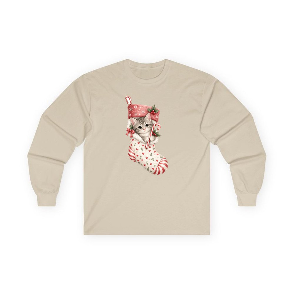 Kitten in Christmas Stocking personalised long sleeve Christmas T-shirt in sand