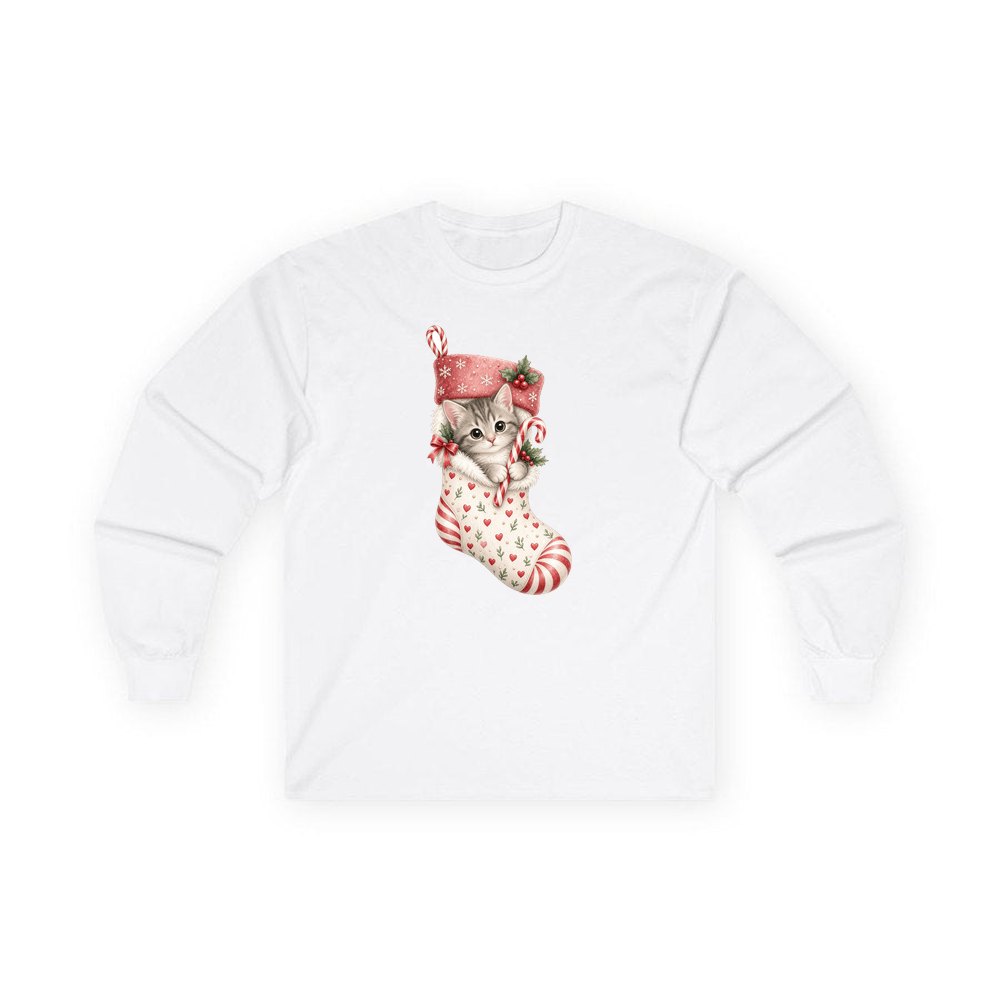 Kitten in Christmas Stocking personalised long sleeve Christmas T-shirt in white
