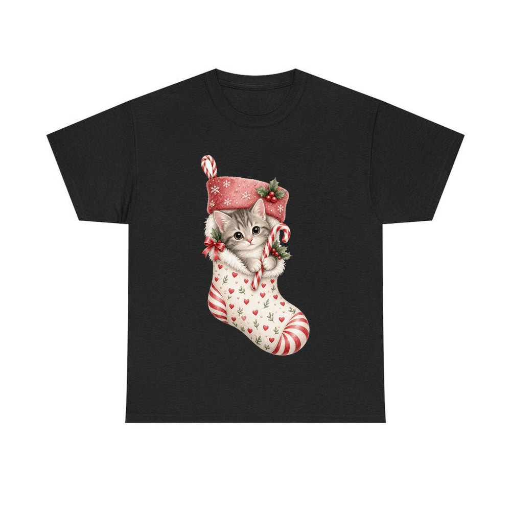 Kitten in Christmas Stocking personalised Christmas T-shirt in black