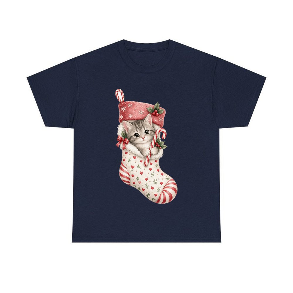 Kitten in Christmas Stocking personalised Christmas T-shirt in navy