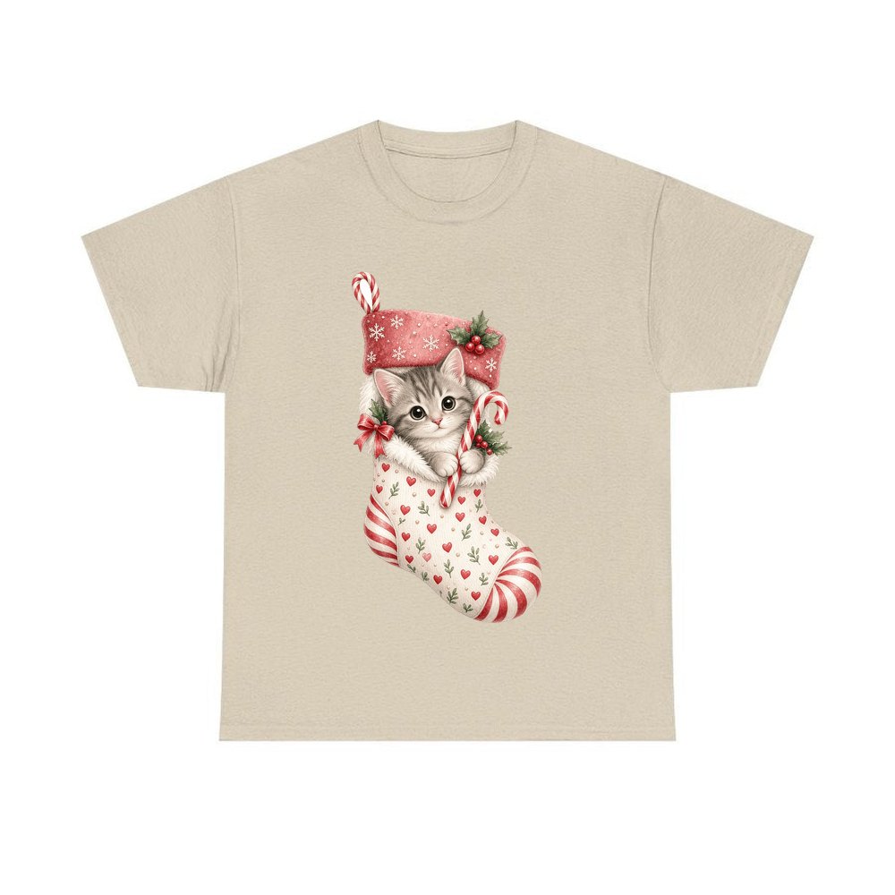 Kitten in Christmas Stocking personalised Christmas T-shirt in sand