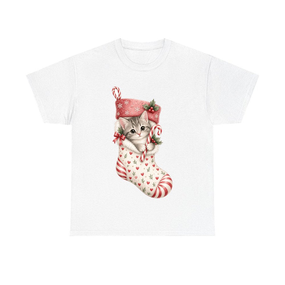 Kitten in Christmas Stocking personalised Christmas T-shirt in white
