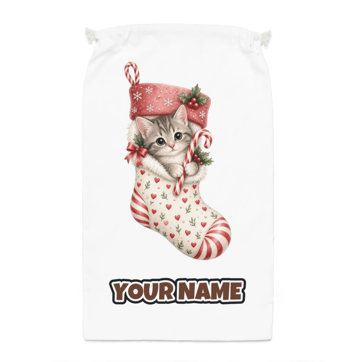 Kitten in Christmas Stocking Santa sack laid flat, showing the full print
