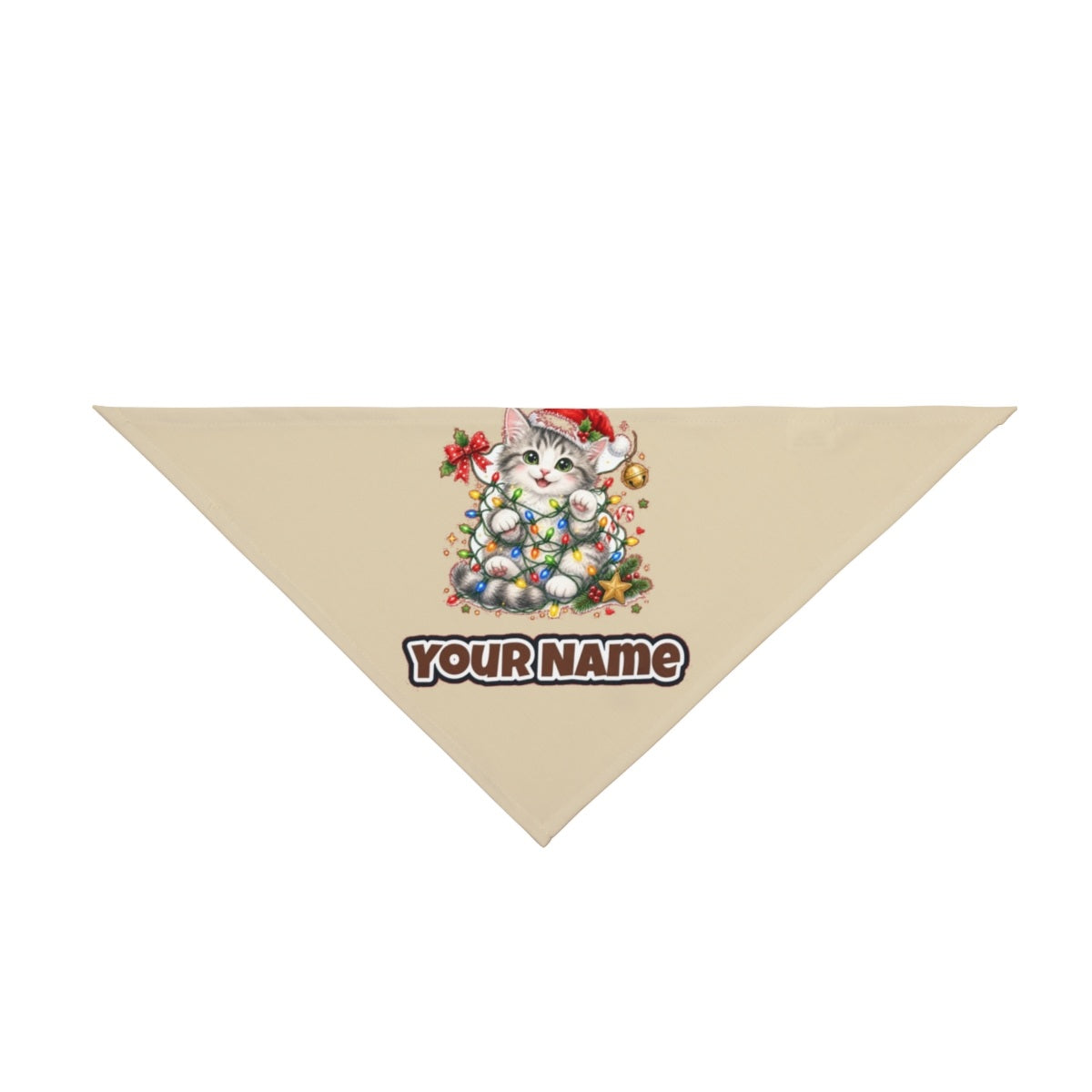 Kitten Tangled in Fairy Lights personalised Christmas pet bandana in beige, tie-on style