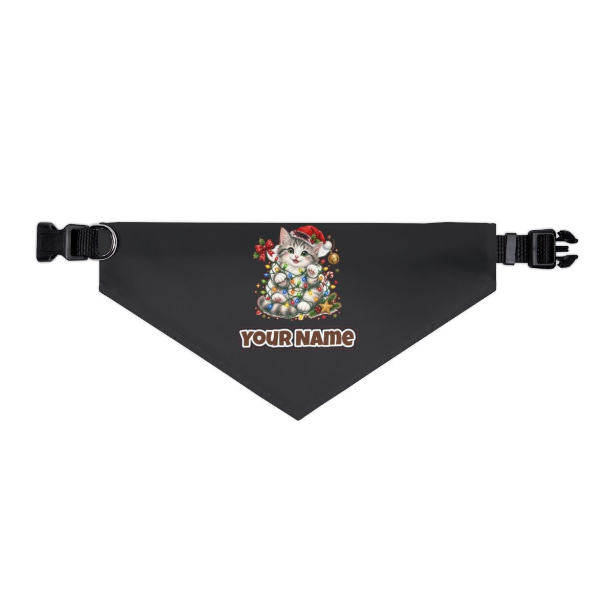 Kitten Tangled in Fairy Lights personalised Christmas pet bandana in black, collar with buckle