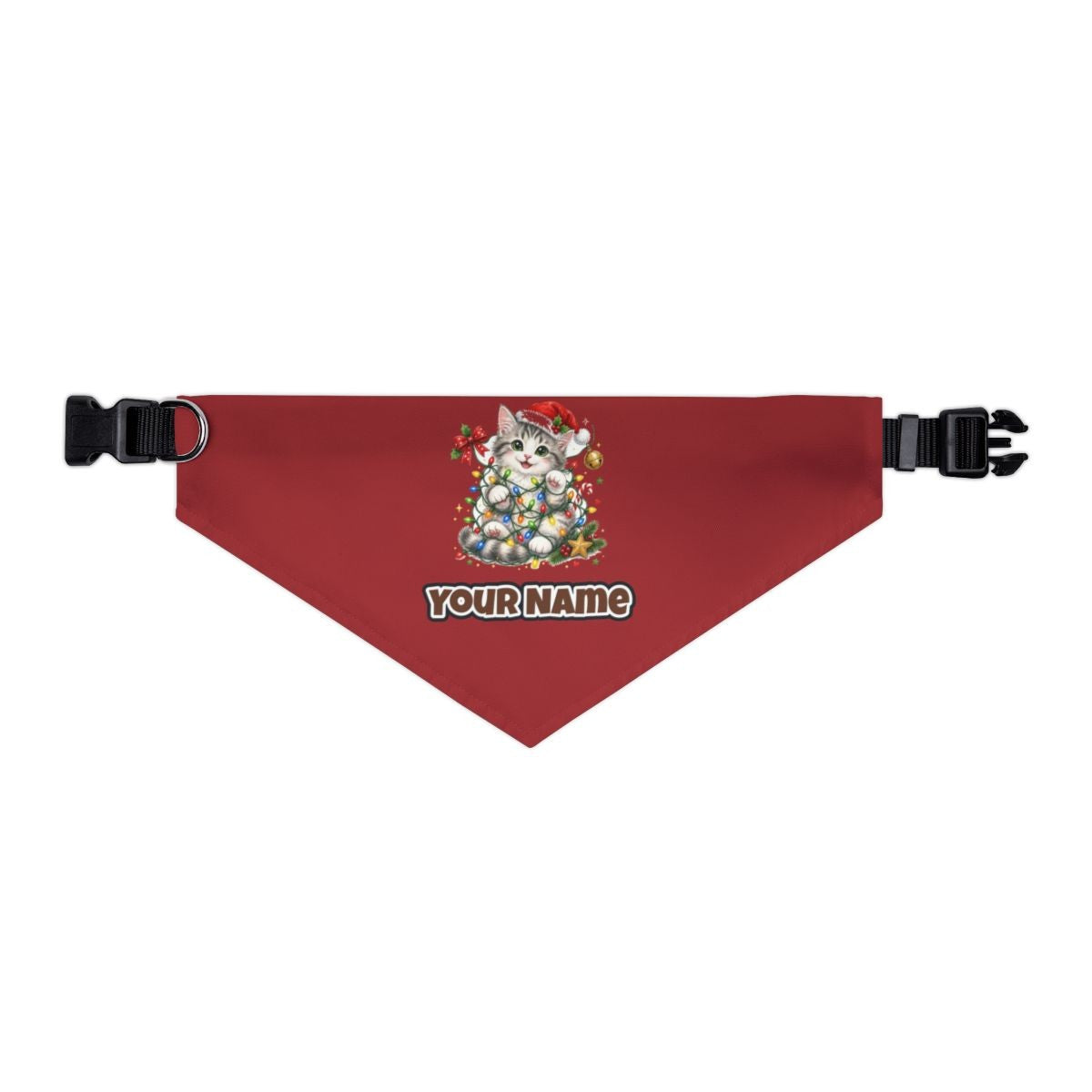 Kitten Tangled in Fairy Lights personalised Christmas pet bandana in red, collar with buckle