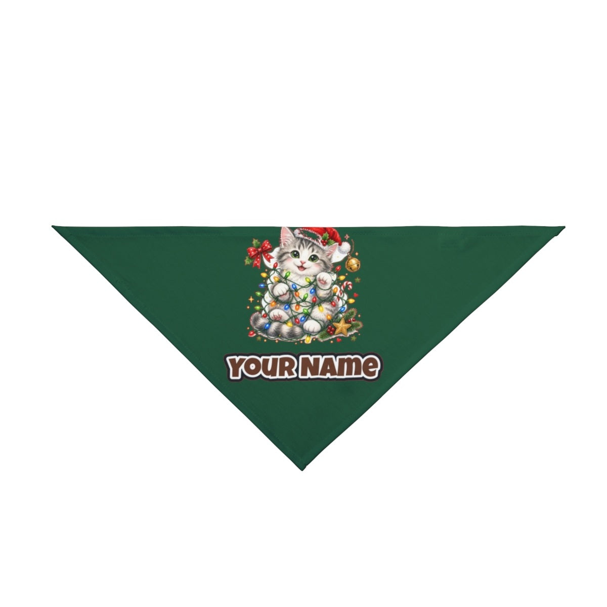 Kitten Tangled in Fairy Lights personalised Christmas pet bandana in green, tie-on style