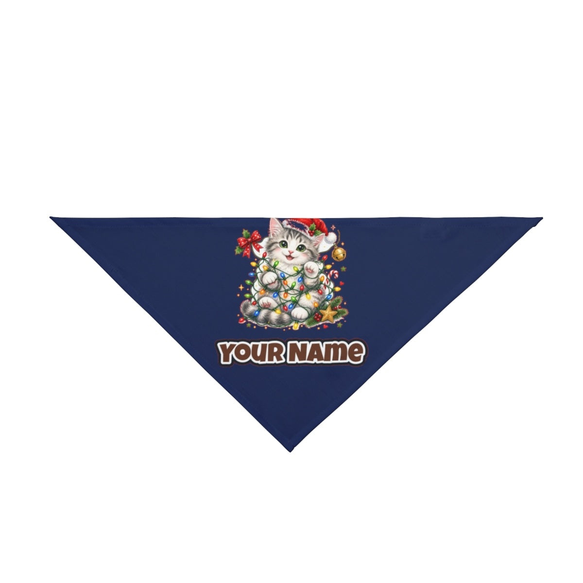 Kitten Tangled in Fairy Lights personalised Christmas pet bandana in navy, tie-on style