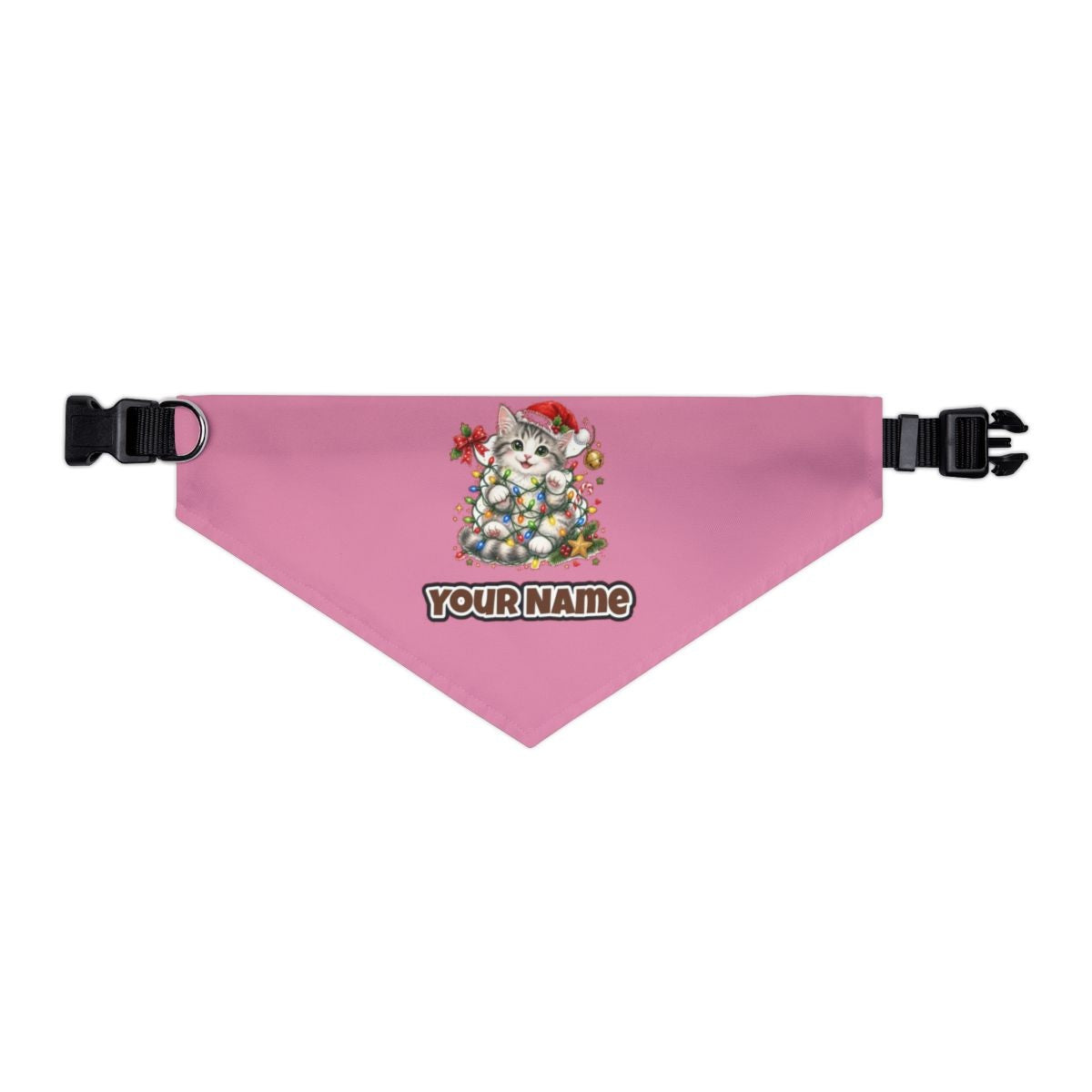 Kitten Tangled in Fairy Lights personalised Christmas pet bandana in pink, collar with buckle