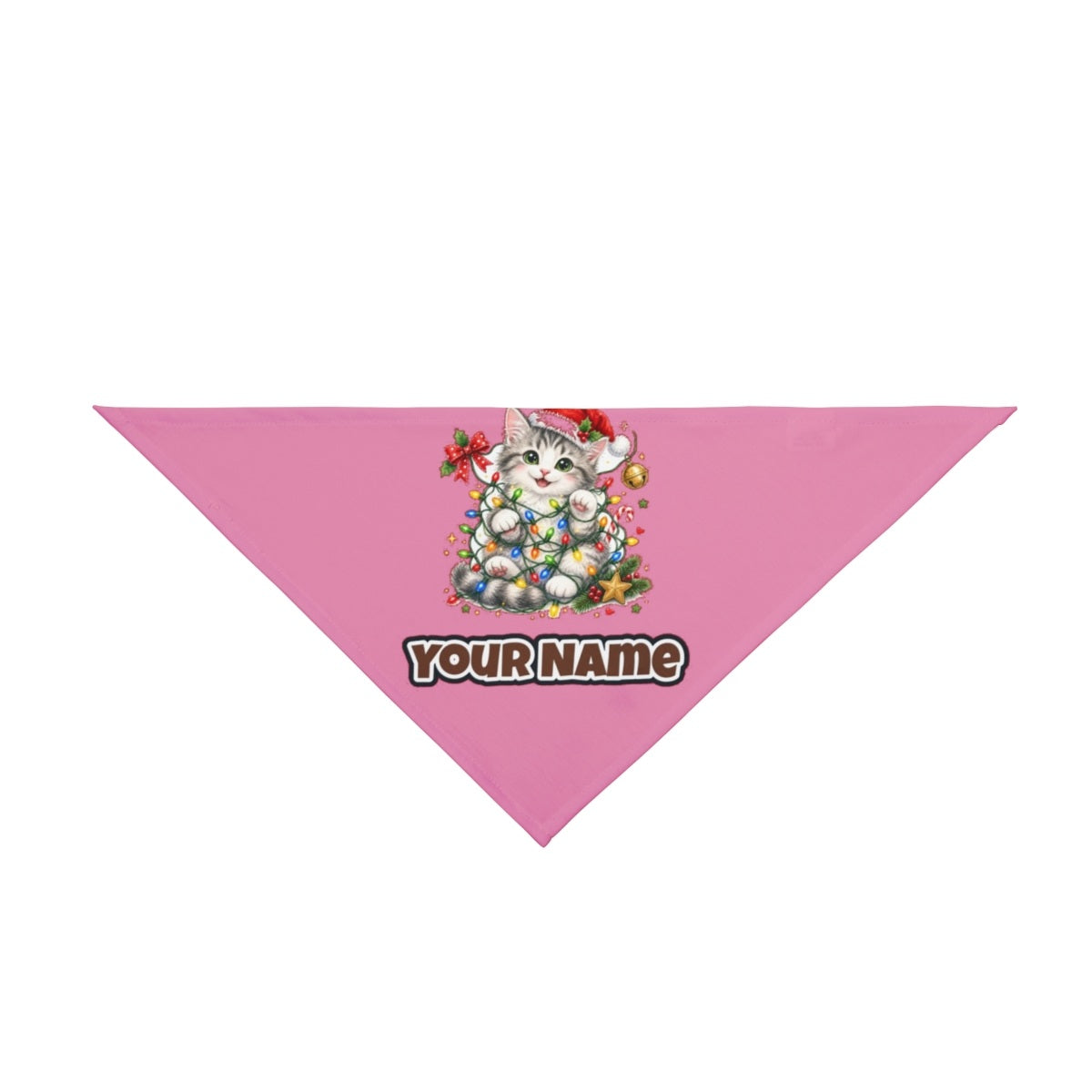 Kitten Tangled in Fairy Lights personalised Christmas pet bandana in pink, tie-on style