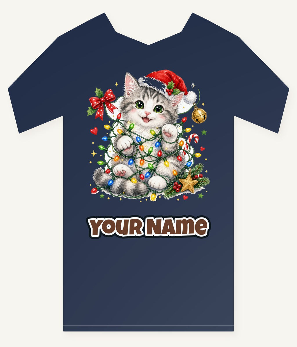 Kitten Tangled in Fairy Lights Personalised Kids and Baby Christmas Tee