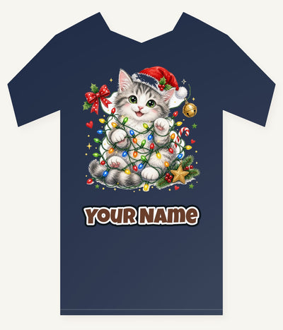 Kitten Tangled in Fairy Lights Personalised Kids and Baby Christmas Tee