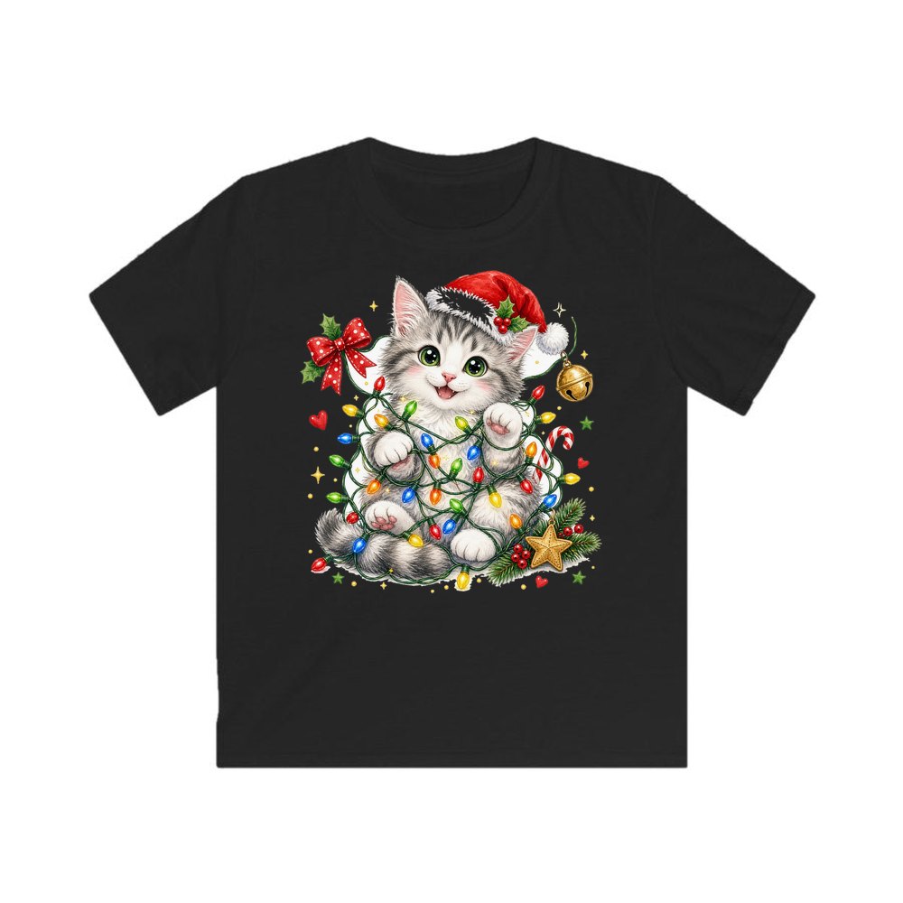 Kitten Tangled in Fairy Lights personalised kids Christmas tee in black