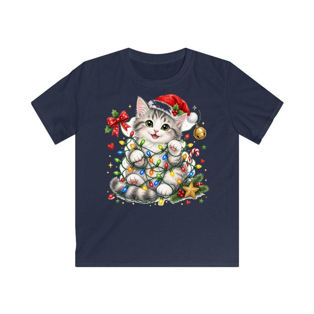 Kitten Tangled in Fairy Lights personalised kids Christmas tee in navy