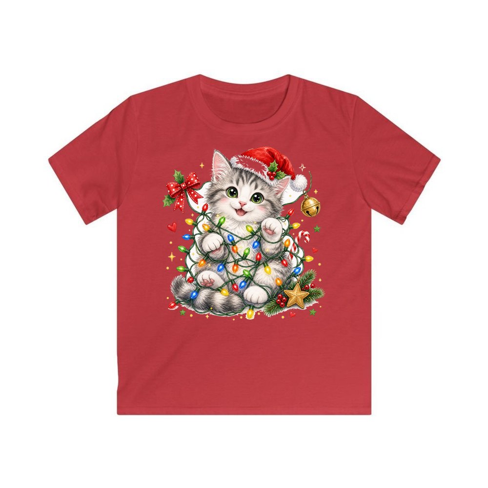 Kitten Tangled in Fairy Lights personalised kids Christmas tee in red