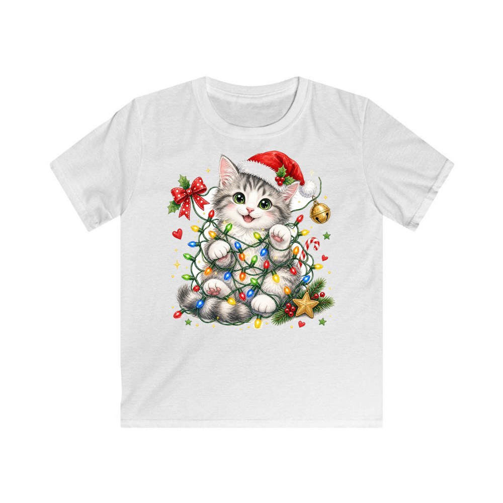 Kitten Tangled in Fairy Lights personalised kids Christmas tee in white