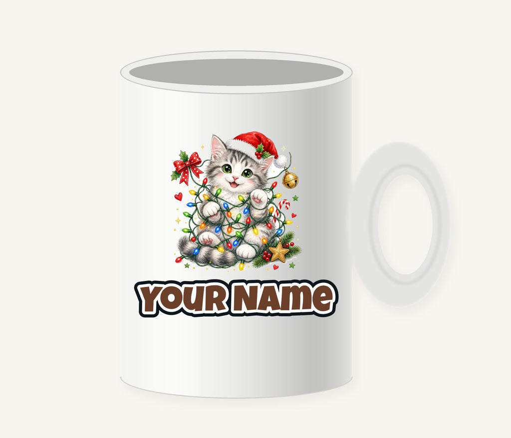 Kitten Tangled in Fairy Lights Personalised Christmas Mug