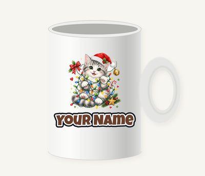 Kitten Tangled in Fairy Lights Personalised Christmas Mug
